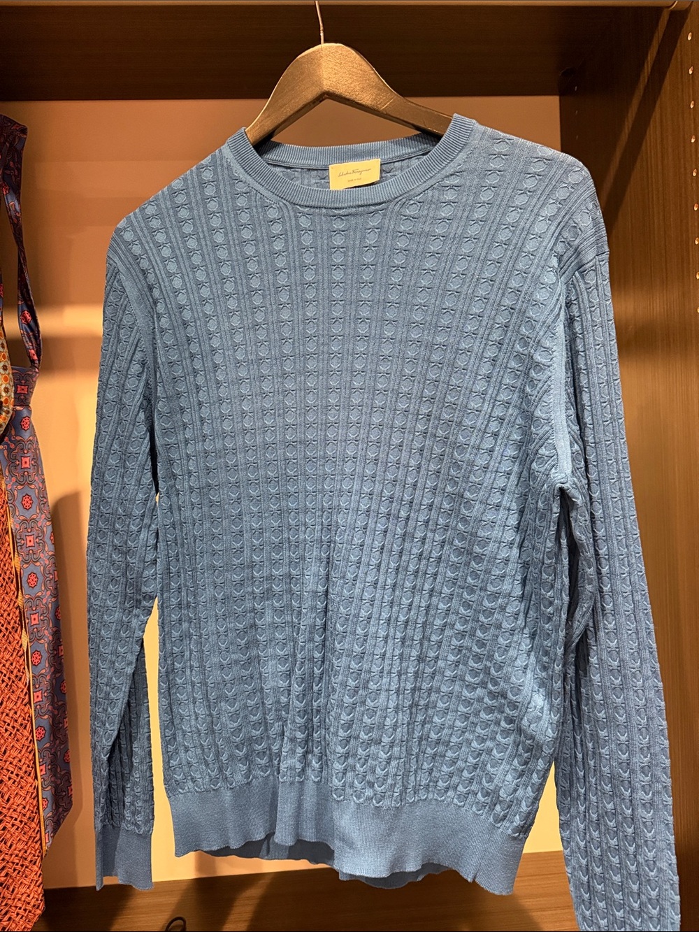 FERRAGAMO Light Blue Cable Knit Crewneck Sweater